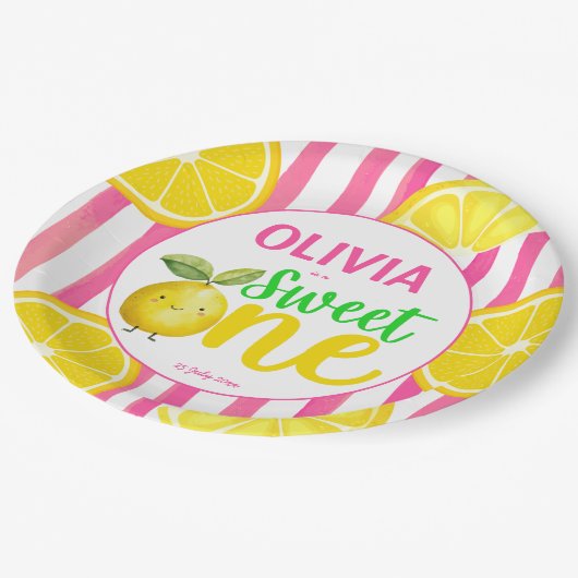 スイートワンピンクのレモネード誕生日パーティー ペーパープレート (アングル)