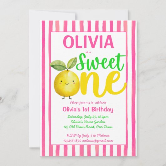 スイートワンピンクのレモネード誕生日パーティー 招待状 (正面)