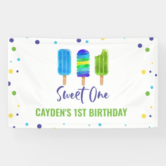 スイートワン1歳の誕生日アイスバー ブルーグリーン 横断幕 (横)