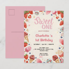 スイートワン 1歳の誕生日 ストロベリー ドーナツ アイスクリーム インビテーションポストカード