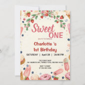 スイートワン 1歳の誕生日 ストロベリー ドーナツ アイスクリーム 招待状 (正面)