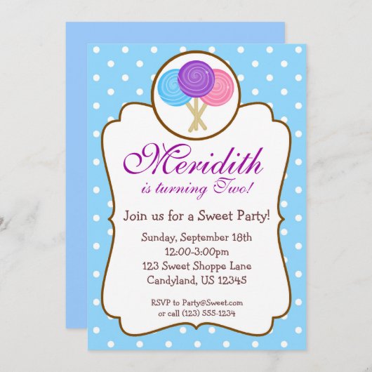 スイート棒つきキャンデー誕生日パーティーの招待 招待状 (正面/裏面)