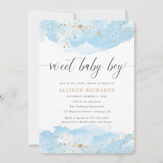 スイート男の赤ちゃん水彩青色金ゴールドシャワー 招待状 (正面)