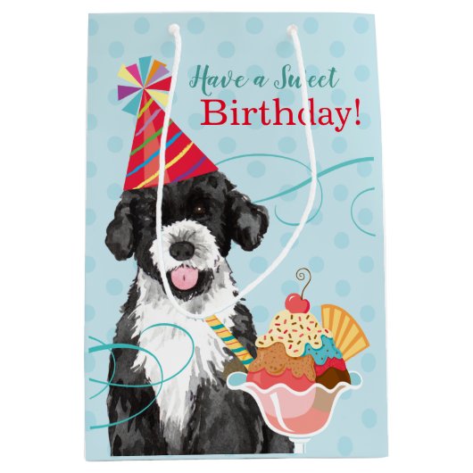 スイート誕生日ポルトガル水犬 ミディアムペーパーバッグ (正面)