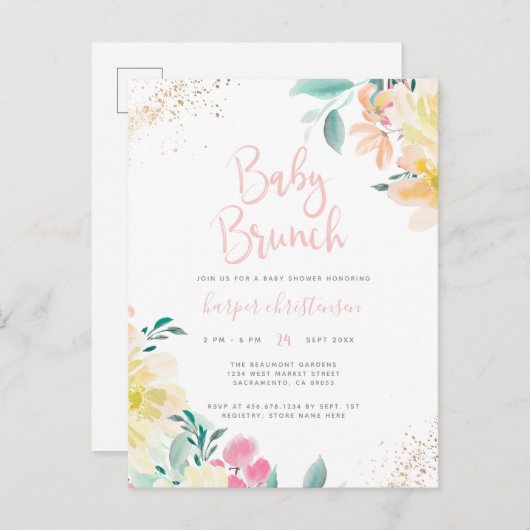 スイート金ゴールド赤面ピンクフローラベビーシャワーブランチ インビテーションポストカード (正面/裏面)