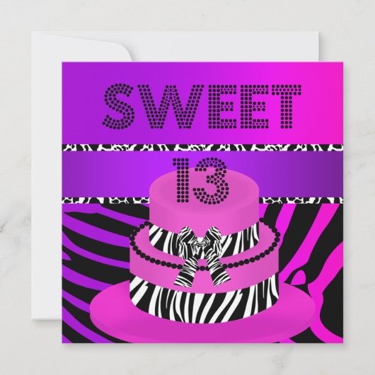 スイート13 13歳の誕生日シマウマ紫ピンクケーキ 招待状 (正面)
