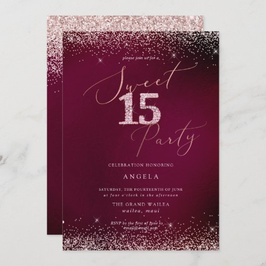 スイート15ピンクダイヤモンドグリッターブルゴーニュ 招待状 (正面/裏面)