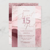 スイート15ピンクダイヤモンドグリッター水彩エーゲート 招待状 (正面/裏面)