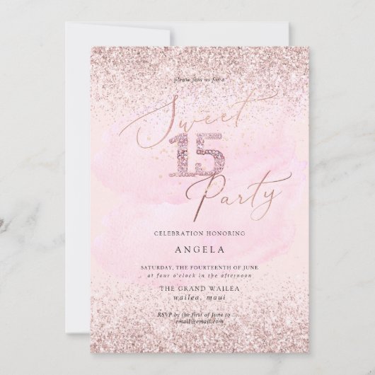 スイート15ピンクダイヤモンドグリッター水彩 招待状 (正面)