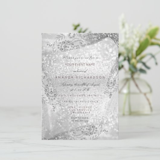 スイート16のウェディングドレス ピンク グレー ダイヤモンドスパーク 招待状 (スタンド正面)