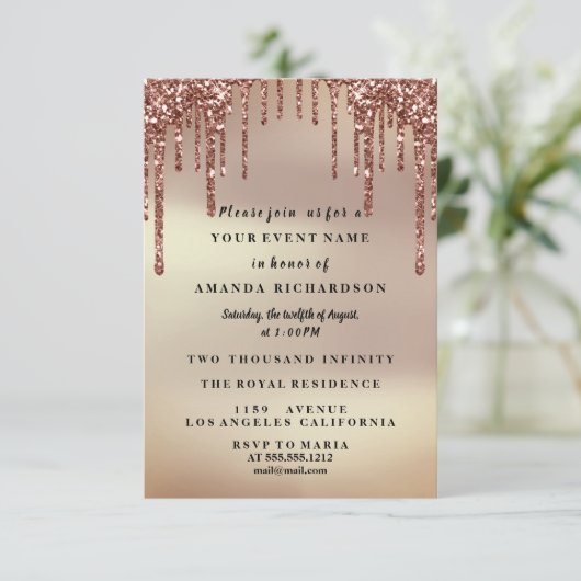 スイート16のローズフラワープリントドレスにグリッターが垂れる感じが素敵 招待状 (スタンド正面)