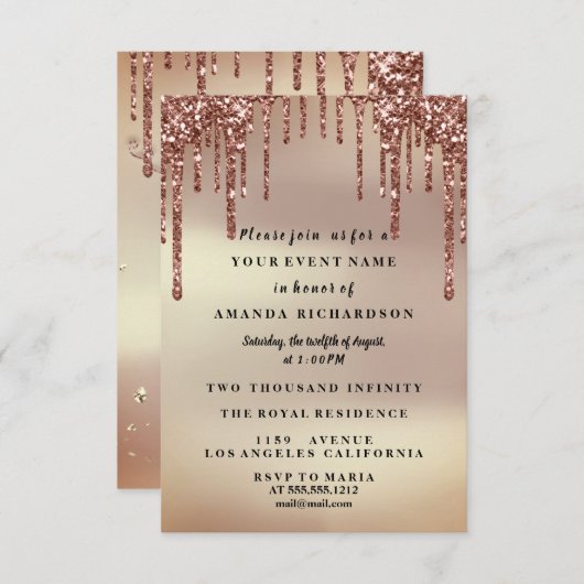 スイート16のローズフラワープリントドレスにグリッターが垂れる感じが素敵 招待状 (正面/裏面)