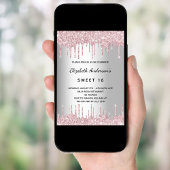 スイート16の誕生日 シルバー ピンク グリッター ドリップ 招待状