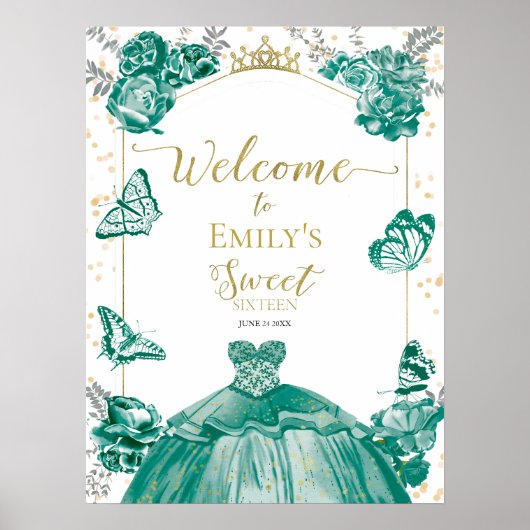 スイート16ウェルカムサインバタフライグリーンドレス ポスター (正面)
