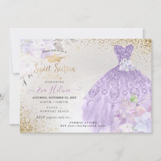 スイート16グリッターズガウンダスティパープル薄紫金ゴールド 招待状 (正面)