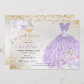 スイート16グリッターズガウンダスティパープル薄紫金ゴールド 招待状 (正面/裏面)