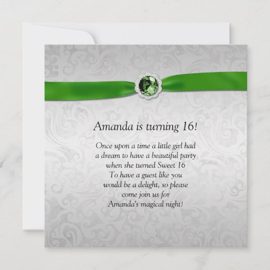 スイート16シルバーエメラルドグリーンリボン宝石 招待状 (正面)