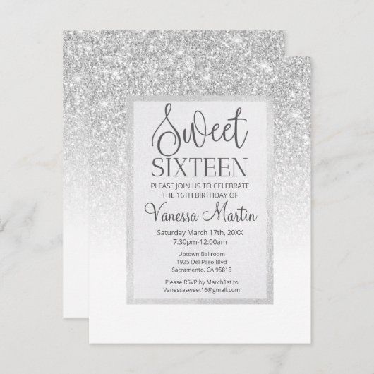 スイート16シルバーグリッターグラマラスパーティの招待状 招待状 (正面/裏面)