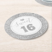 スイート16シルバーフェイクグリッター誕生パーティー ラウンドペーパーコースター (アングル)