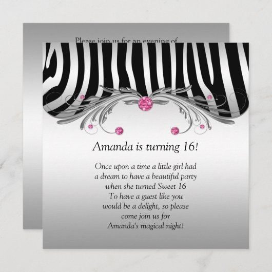 スイート16シルバーブラックゼブラピフェイクンク宝石 招待状 (正面/裏面)