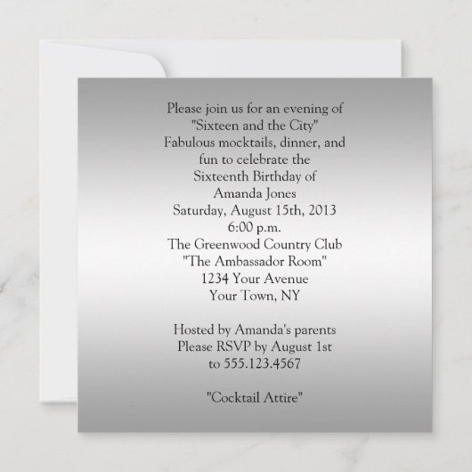 スイート16シルバーブラックゼブラピフェイクンク宝石 招待状 (裏面)