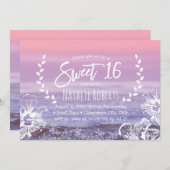 スイート16トロピカルフローラエレガントピンクビーチ 招待状 (正面/裏面)