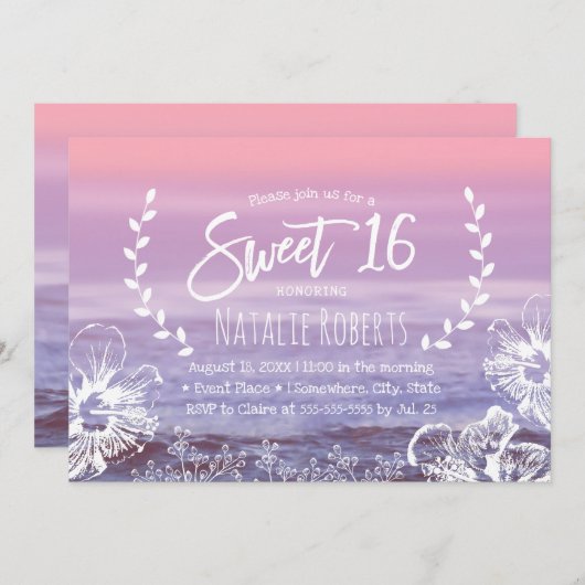 スイート16トロピカルフローラエレガントピンクビーチ 招待状 (正面/裏面)