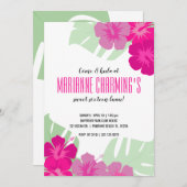 スイート16トロピカル誕生日ルアウ（ハワイ式宴会）ピンクフローラ 招待状 (正面/裏面)
