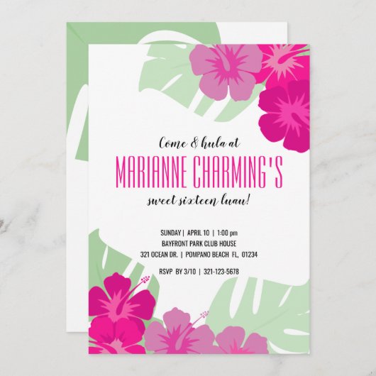 スイート16トロピカル誕生日ルアウ（ハワイ式宴会）ピンクフローラ 招待状 (正面/裏面)