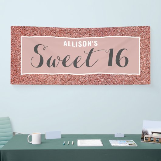 スイート16バラ金ゴールドパーソナライズされたグリッター 横断幕 (トレードショー)