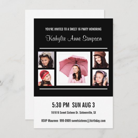 スイート16バースデーパーティーと写真 招待状 (正面/裏面)