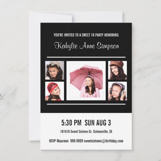 スイート16バースデーパーティーと写真 招待状 (正面)
