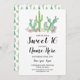 スイート16バースデーパーティーウォーターカラーサボテン 招待状