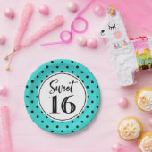 スイート16バースデーパーティーターコイズ白黒ドット ペーパープレート (パーティー)