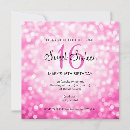 スイート16バースデーパーティーピンクグリッター灯 招待状 (正面)