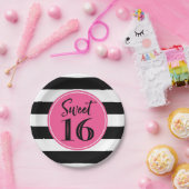 スイート16バースデーパーティーピンク白黒ストライプ ペーパープレート (パーティー)