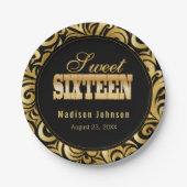 スイート16バースデーパーティー-黒と金ゴールド ペーパープレート (正面)