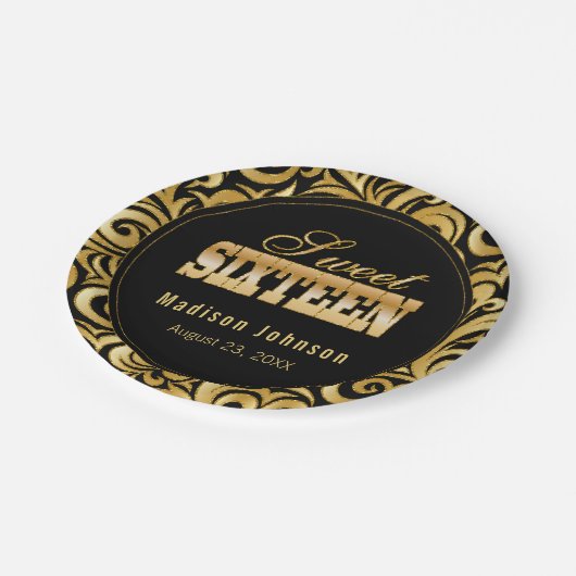 スイート16バースデーパーティー-黒と金ゴールド ペーパープレート (アングル)