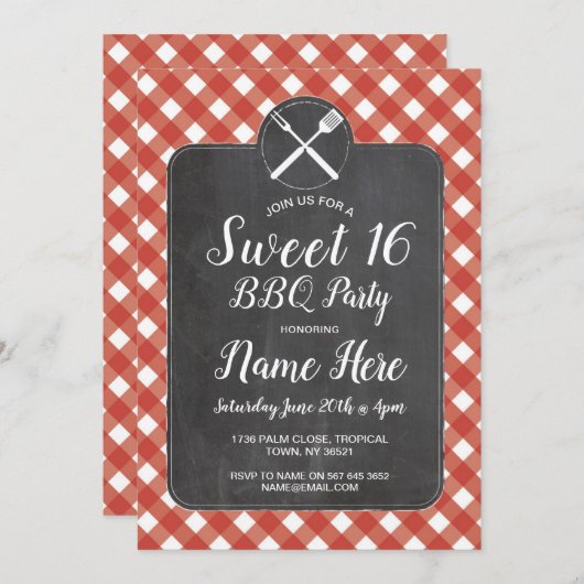 スイート16バースデーパーティーBBQレッドギンガムチョーク 招待状 (正面/裏面)