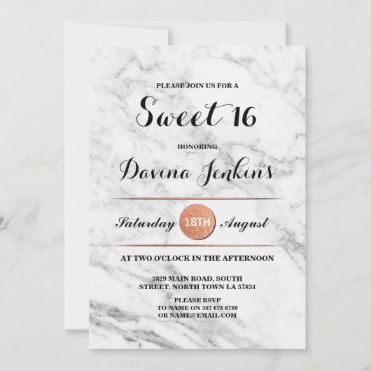 スイート16バースデーパーティ大理石バラ金ゴールド招待状18 招待状 (正面)