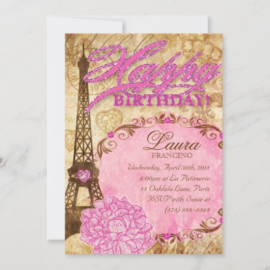 スイート16パリエッフェルタワーヴィンテージフラワーピンク 招待状 (正面)