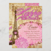 スイート16パリエッフェルタワーヴィンテージフラワーピンク 招待状 (正面/裏面)