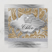 スイート16パーティーのゴールドクラウンユニークジュエリー 招待状 (正面/裏面)