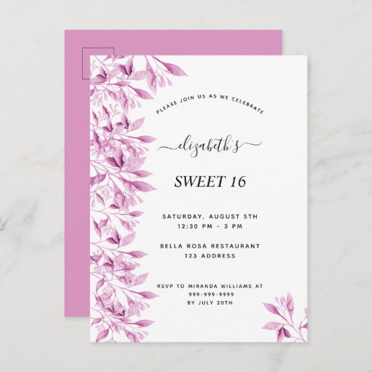 スイート16パーティーのピンクと白の植物の花 ポストカード (正面/裏面)