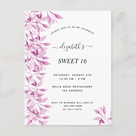 スイート16パーティーのピンクと白の植物の花 ポストカード (正面)