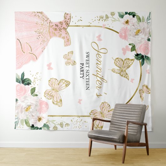 スイート16パーティーの背景 - 蝴蝶の花のドレス タペストリー (インサイチュ(横))