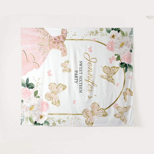 スイート16パーティーの背景 - 蝴蝶の花のドレス タペストリー (正面(横))