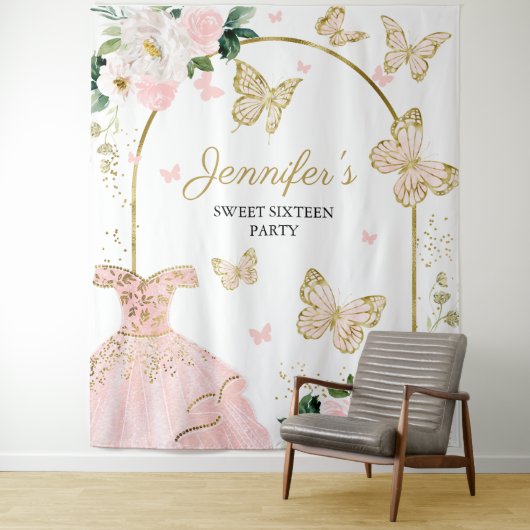 スイート16パーティーの背景 - 蝴蝶の花のドレス タペストリー (インサイチュ)