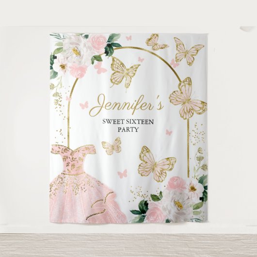 スイート16パーティーの背景 - 蝶の花のドレス タペストリー (正面)