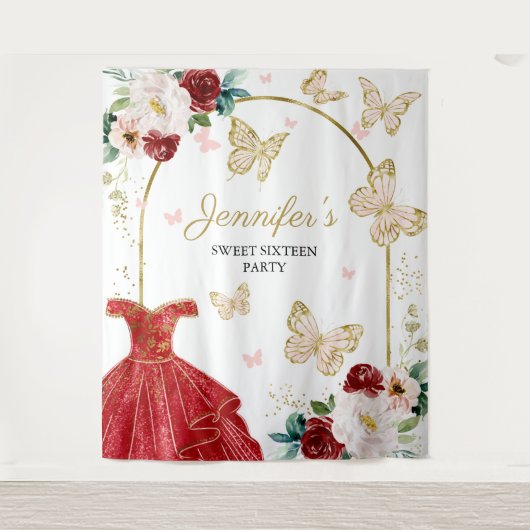 スイート16パーティーの背景 - 蝶の花のドレス タペストリー (正面)